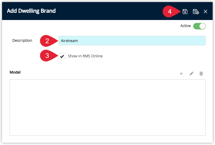 Screenshot of the Dwelling Brand details screen in RMS showing the Description field and the Show in RMS Online checkbox for displaying the brand on online bookings.