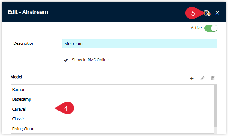 Screenshot of the Dwelling Brand and Dwelling Models setup in RMS showing a completed brand with its associated models listed and ready for use.