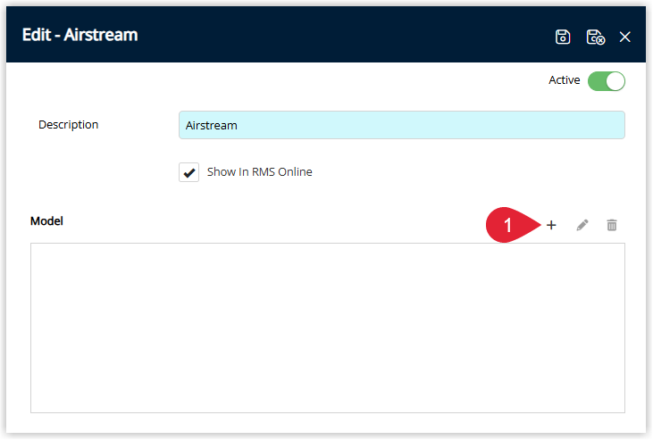 Screenshot of the Dwelling Models section in RMS showing the interface to add and manage models linked to the selected dwelling brand.