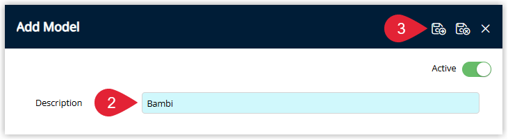 Annotated screenshot of the Add Model dialog in RMS showing the Description field