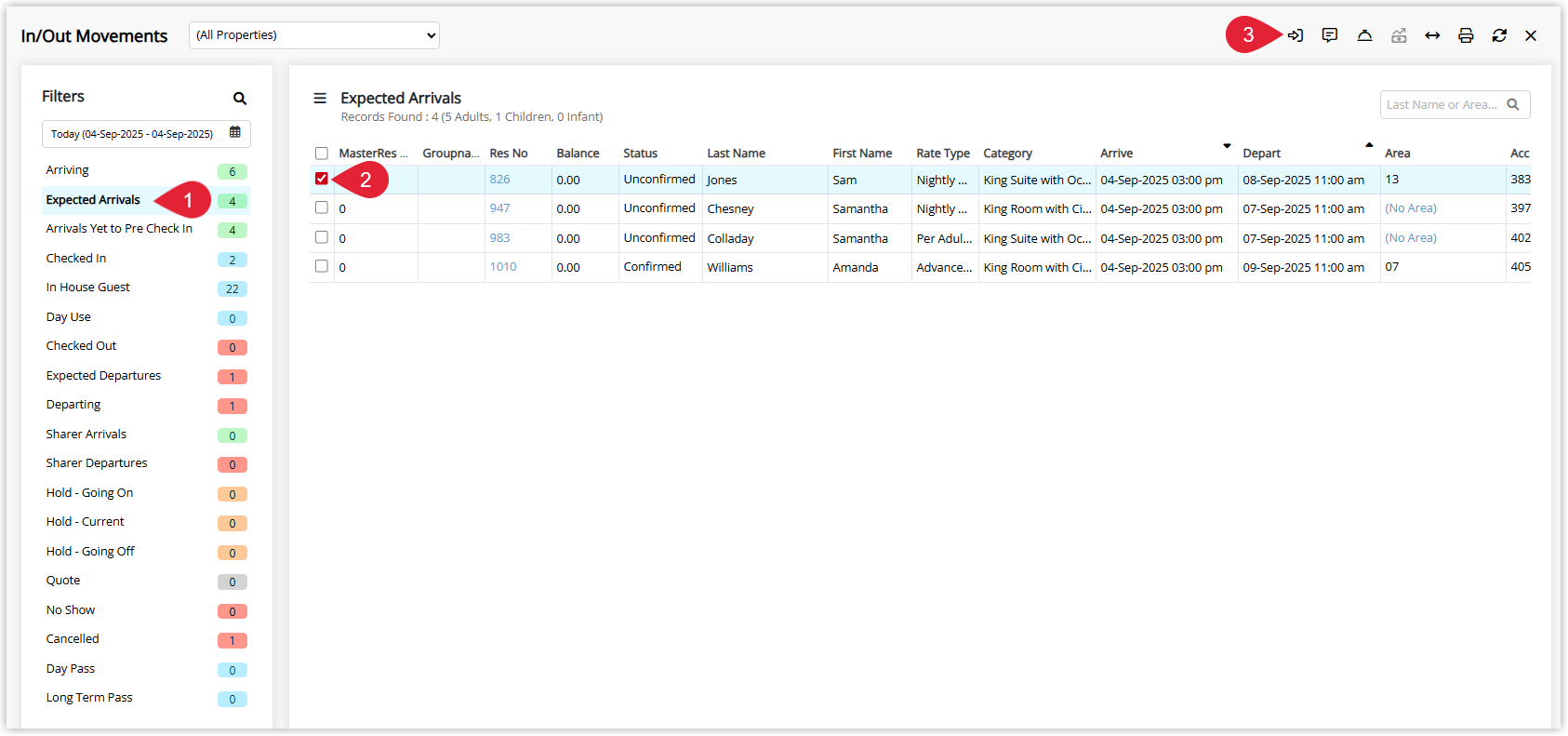Screenshot of the In/Out Movements screen in RMS showing a list of arriving reservations with one reservation selected and the Check-in option highlighted.