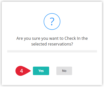 Screenshot of the Check-in confirmation dialog in RMS asking the user to confirm completing check-in for the selected reservation with Yes and No buttons.