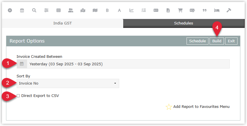Annotated screenshot of the India GST report options in RMS showing the Invoice Created Between, Sort By, and Direct Export to CSV fields with the Build button highlighted