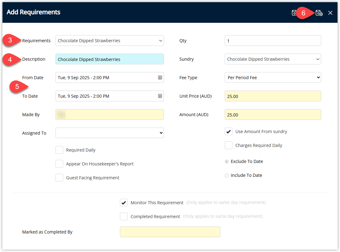 Screenshot of the Add Requirement window in RMS showing fields to select a Requirement, enter a Description, choose From and To Date/Time, optionally tick Monitor This Requirement, select a Sundry Charge and Fee Type, enter Quantity and Unit Price, with the Save/Exit button highlighted to add the adhoc requirement to the reservation.