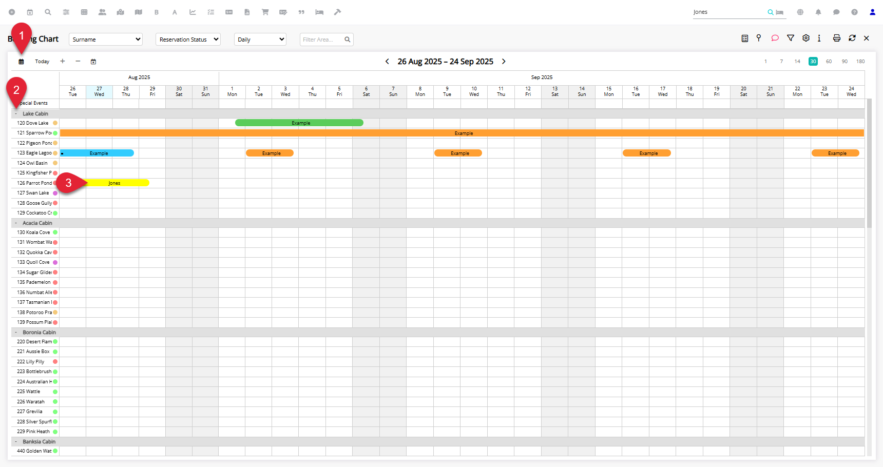 Booking Chart in RMS showing dates across the top and areas listed down the side, with a reservation block selected in a category row to indicate it can be opened and edited directly from the chart without performing a reservation search.