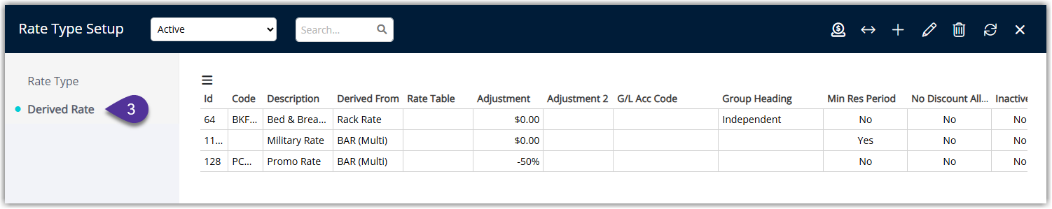 Rate Types window displaying the Derived Rate tab with a list of existing derived rates.