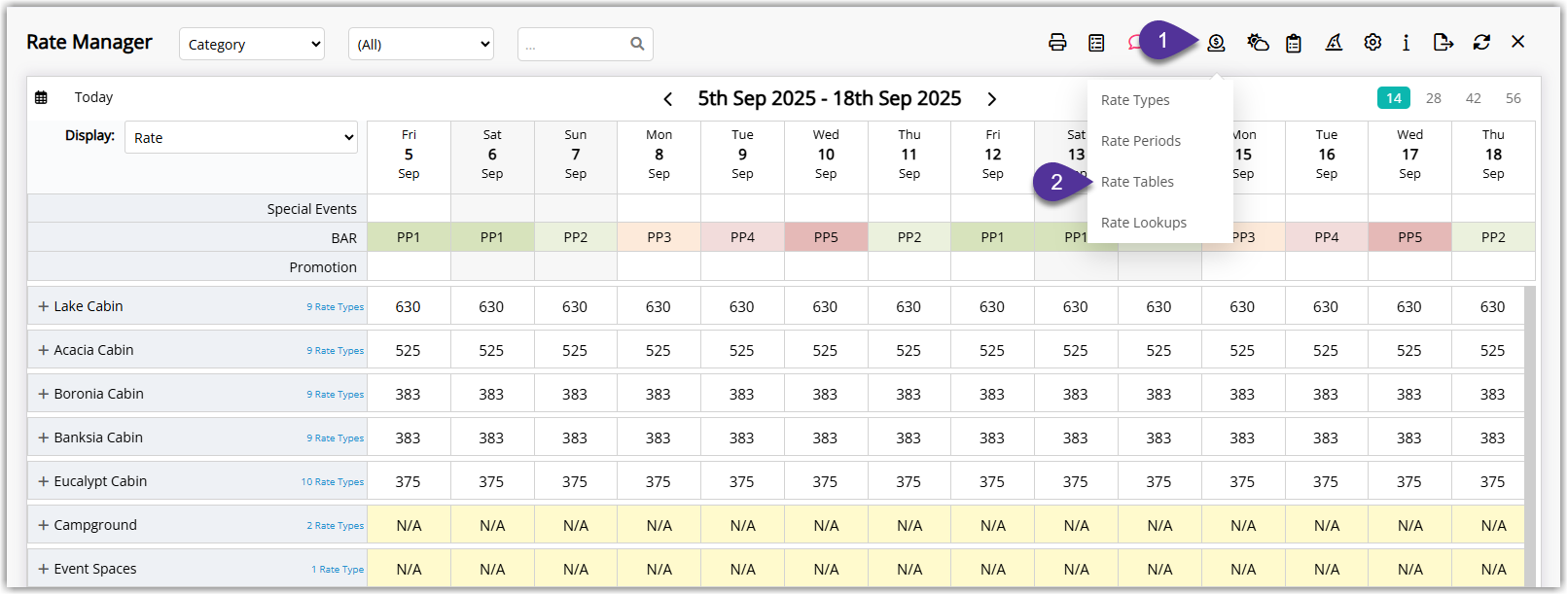 Rate Manager coin icon menu open with Rate Tables selected and a list of existing rate tables displayed.