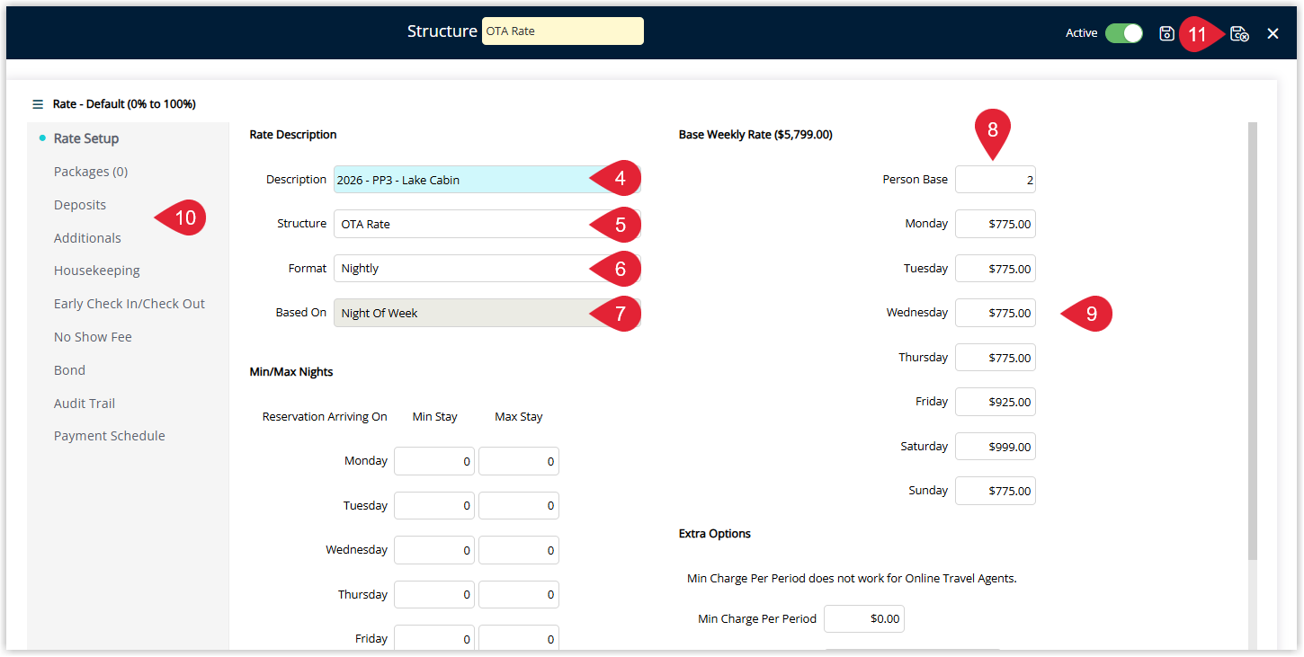 Annotated screenshot of the Rate Setup screen in RMS highlighting the Rate Description, Structure, Format and Based On fields, the Person Base, the Rate Amounts and the Save/Exit icon