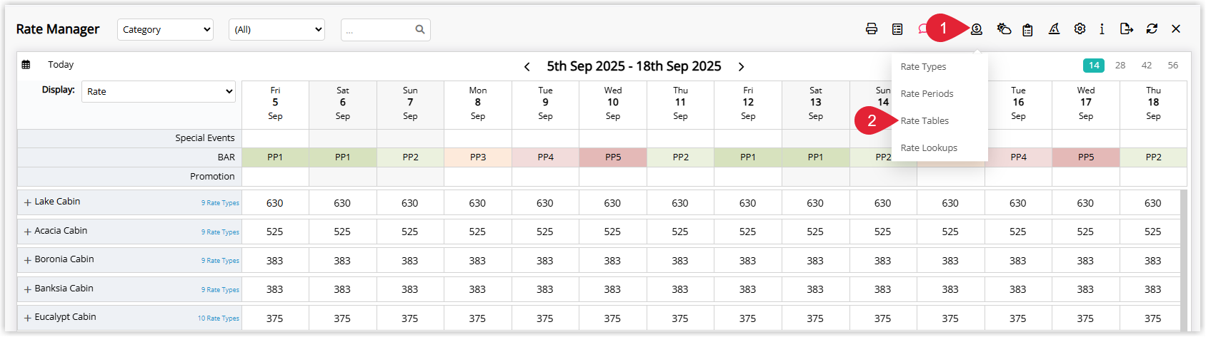 Annotated screenshot of the Rate Manager in RMS highlighting the Rates icon and the Rate Tables option