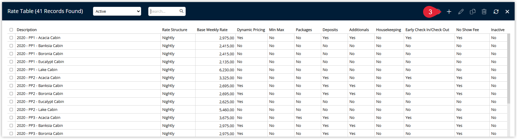 Annotated screenshot of the Rate Table screen in RMS highlighting the Add icon