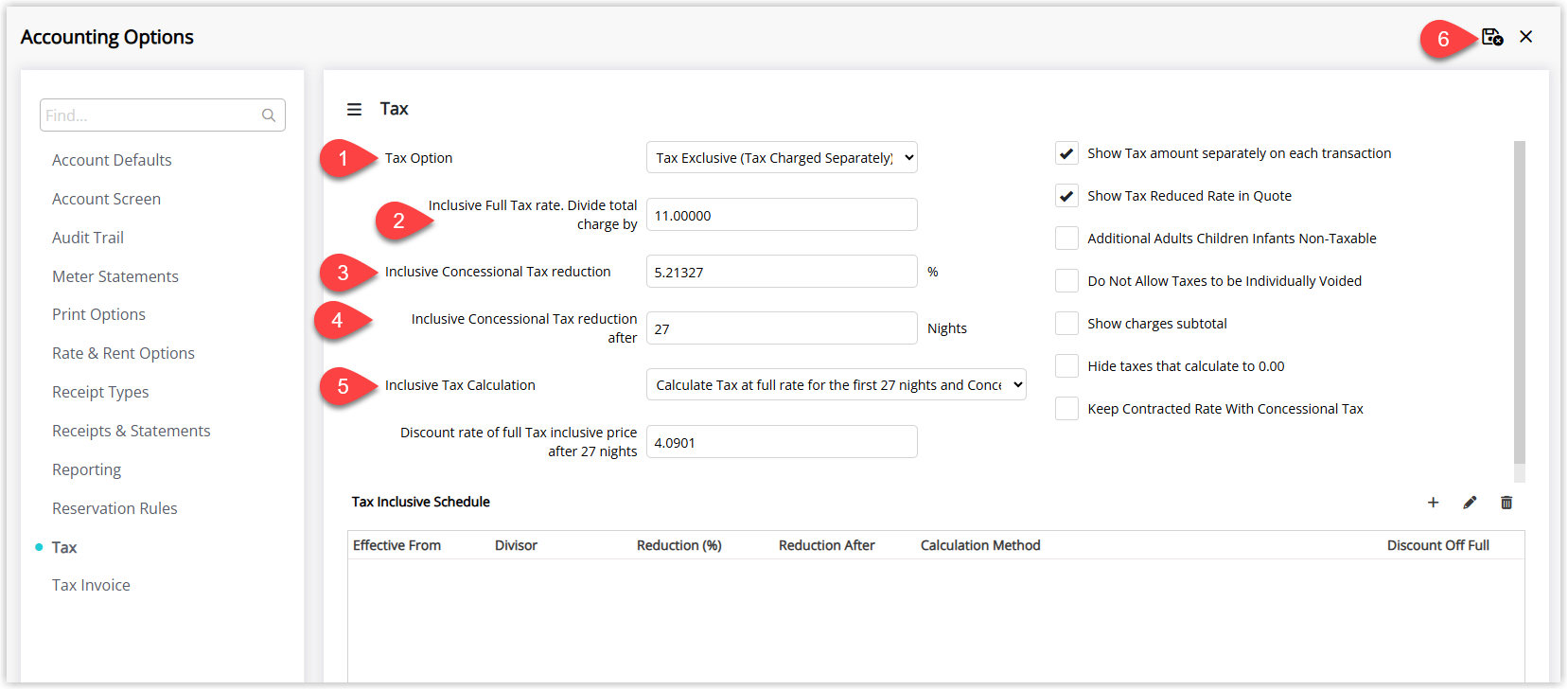 Screenshot of the Tax tab in RMS Accounting Options configured for a Tax Exclusive setup, showing fields for Tax Option, Full Tax Rate, Concessional Tax percentage and effective period, Tax Calculation method, and optional checkboxes including “Show Tax separately on each transaction”, “Show Tax reduced rate in Quote”, “Additional Adults Children Infants non-taxable”, “Do Not Allow Taxes to be individually voided”, “Show Charges subtotal” and “Hide taxes that calculate to 0.00”, plus an optional Tax Inclusive Schedule section and the Save/Exit button highlighted.