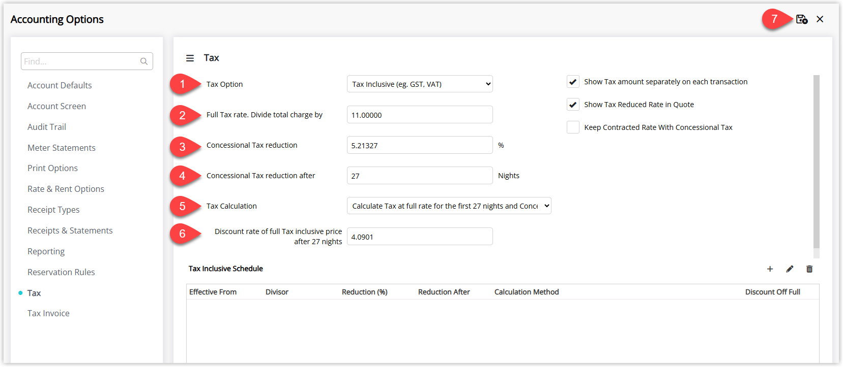Screenshot of the Tax tab in RMS Accounting Options configured for a Tax Inclusive setup, showing fields for Tax Option, Full Tax Rate, Concessional Tax percentage and effective period, Tax Calculation method, discount rate of Full Tax, optional checkboxes such as “Show Tax separately on each transaction” and “Show Tax reduced rate in Quote”, and an optional Tax Inclusive Schedule section, with the Save/Exit button highlighted.