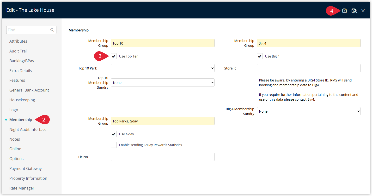 Screenshot of the Property Information screen in RMS with the Membership menu open, showing checkboxes to enable multiple Membership Groups for the property before saving.