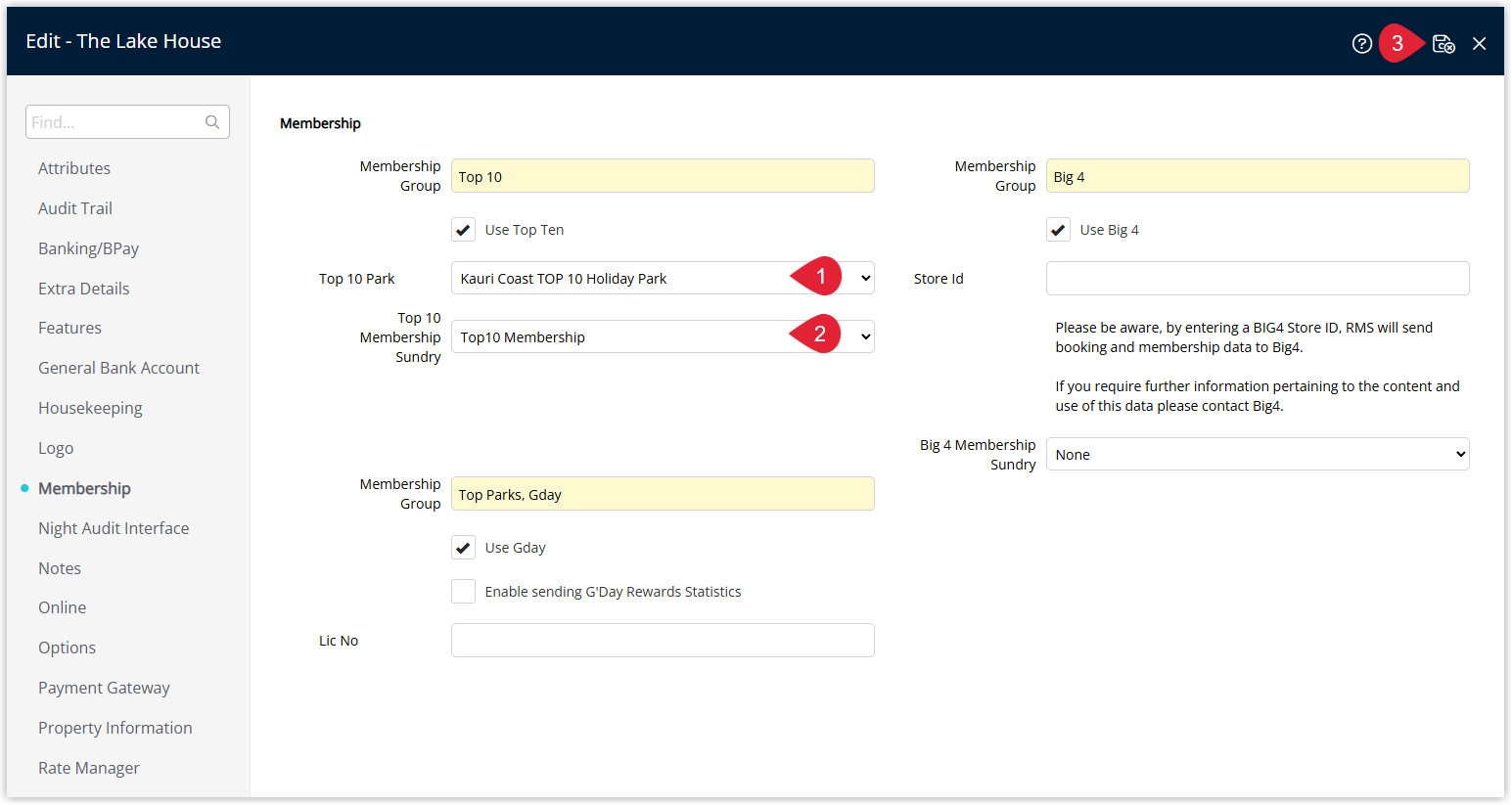 Screenshot of the Membership settings in RMS for the TOP 10 group showing the Top 10 Park selection and a Sundry field chosen for the TOP 10 membership fee before saving.