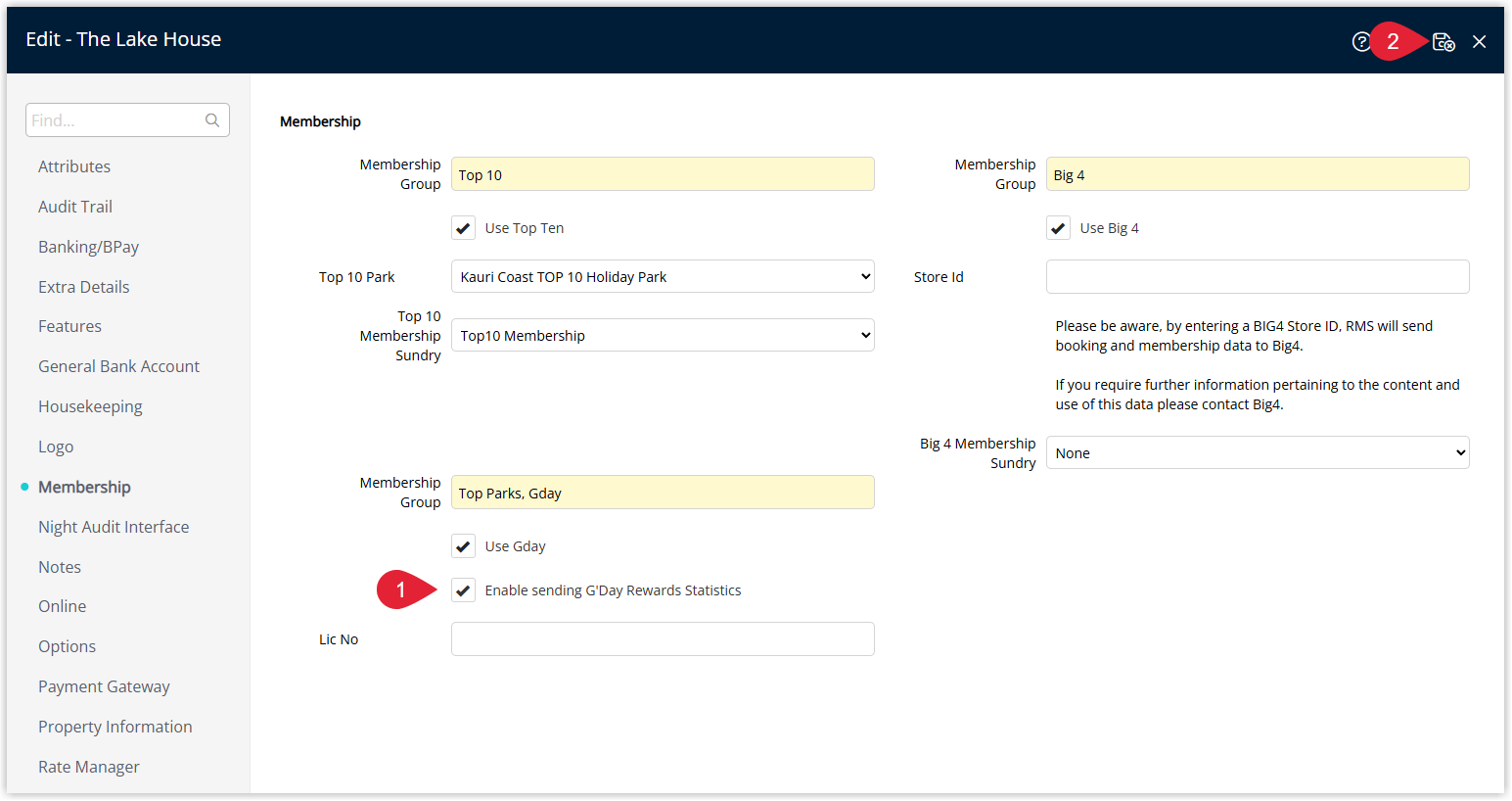 Screenshot of the Membership settings in RMS for G'Day Parks showing the option Enable sending G'Day Rewards Statistics and the Save/Exit button.