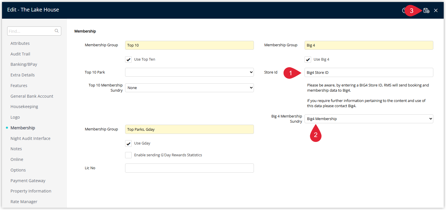 Screenshot of the Membership settings in RMS for BIG4 showing fields to enter the BIG4 Store ID and select a Sundry for the BIG4 membership before saving.