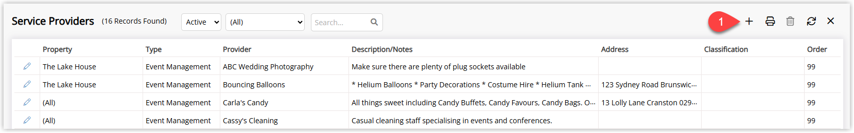 Annotated screenshot of the Service Providers list in RMS with the Add button highlighted