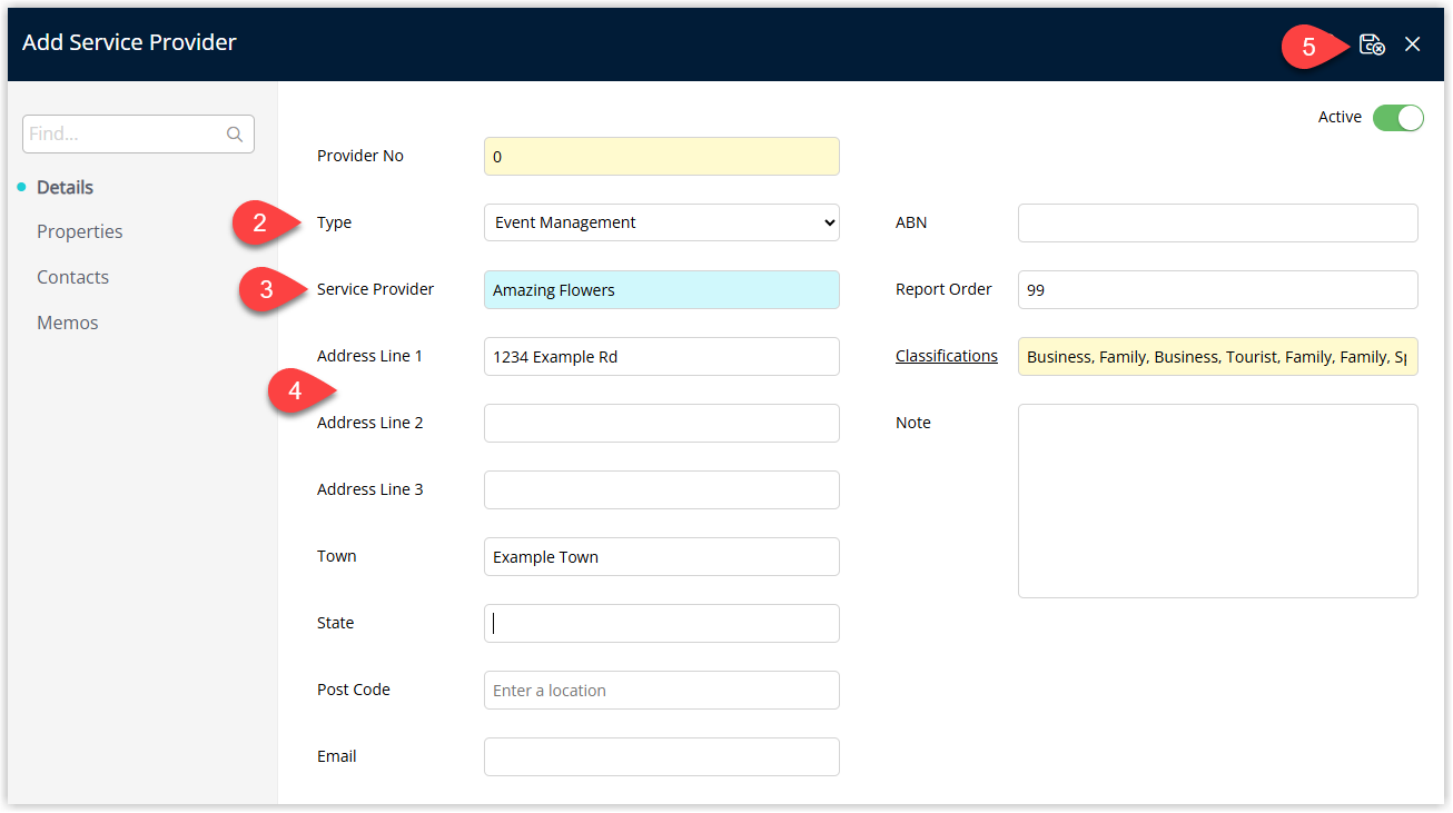 Annotated screenshot of the Add Service Provider screen in RMS showing the Type, Service Provider, and address fields