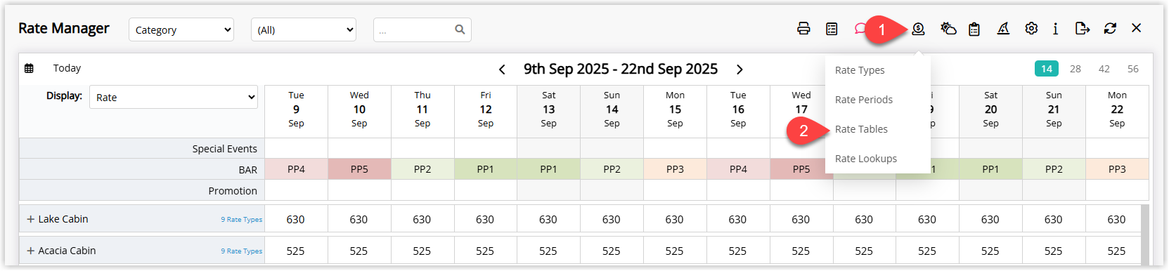 Screenshot of the Rate Manager screen in RMS with the Rates menu expanded and the Rate Tables option selected, displaying the list of existing rate tables.