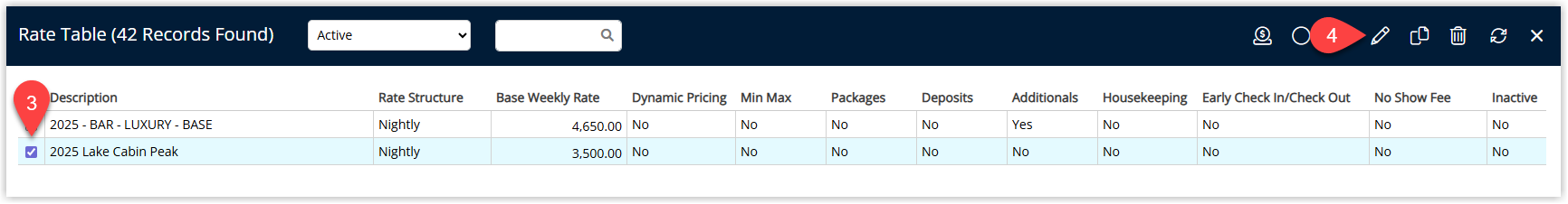 Screenshot of the Rate Tables list in RMS showing several rate tables with one row highlighted and the Edit button selected to open that rate table.