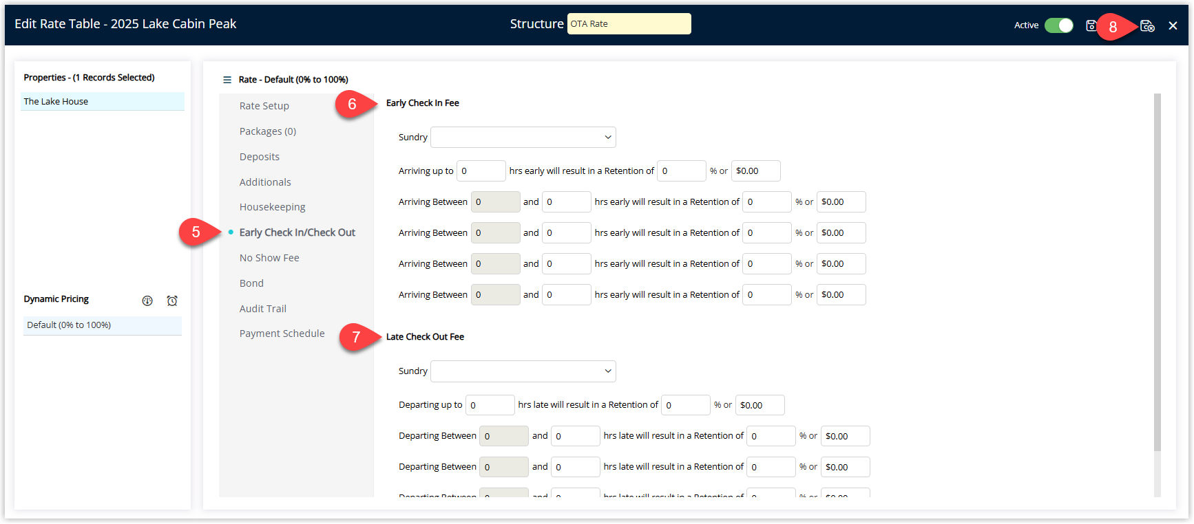 Screenshot of a Rate Table setup window in RMS with the Early Check-in/Late Check-out tab selected, showing sections for Early Check-in Fees and Late Check-out Fees with fields for Sundry Charge, Number of Hours, Percentage or Flat Amount and optional tiered fee rows, and the Save/Exit button highlighted.