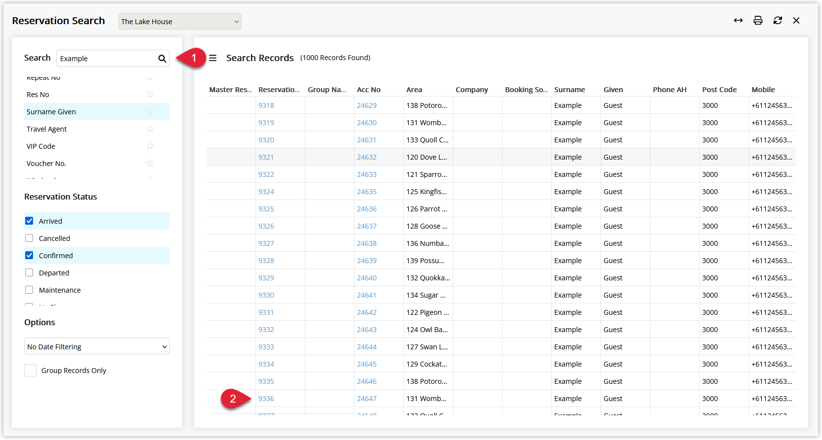 Screenshot of the Reservation Search results in RMS with a specific reservation selected and the reservation details window open, ready to add a Requirement.