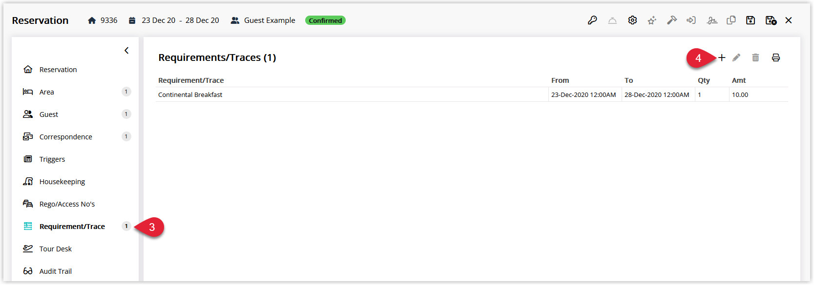 Screenshot of an open reservation in RMS showing the Requirements menu or tab, with the Add Requirement option highlighted to create a new requirement for the guest.