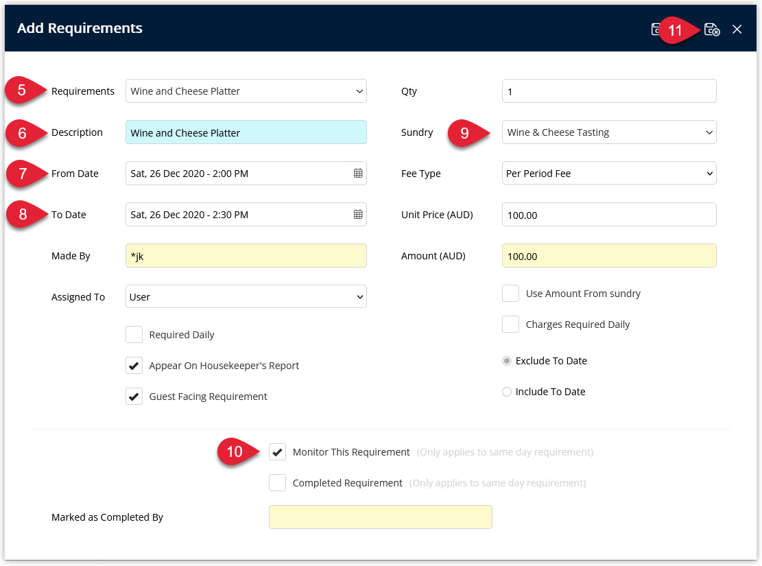 Screenshot of the Add Requirement window in RMS showing fields for Requirement, optional Custom Description, From and To dates, optional Sundry Charge and Fee Type with Unit Price, and the Monitor This Requirement checkbox ticked, with the Save/Exit button highlighted.