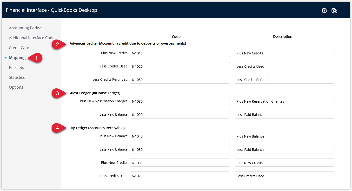 RMS Financial Interface Mapping screen showing Advances Ledger, Guest Ledger, and City Ledger sections populated with GL Account Codes and Descriptions, plus an optional Tax Collected GL Account Code for inclusive tax properties.