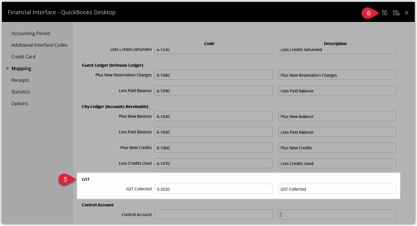 RMS Financial Interface Mapping window with the ledger mapping fields completed and the Save button highlighted to store the GL Account Code configuration for QuickBooks exports.