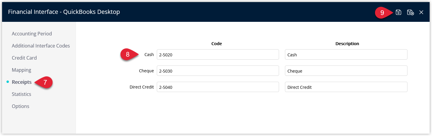 RMS Financial Interface Receipts tab listing Receipt Types with corresponding GL Account Codes and Descriptions entered, and the Save button selected to apply the receipt mapping.
