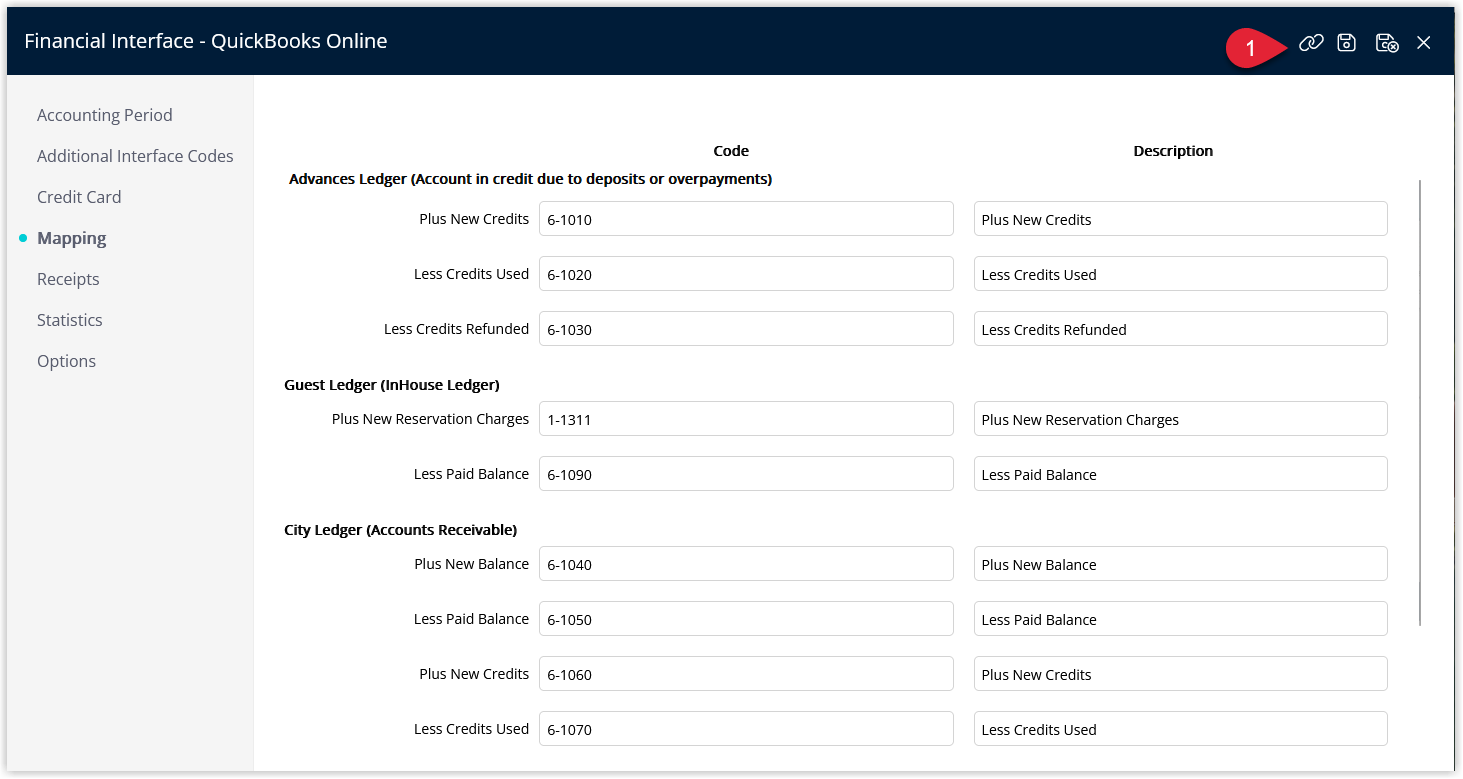 RMS Financial Interface QuickBooks Online configuration screen showing a Connect button or link used to initiate the connection between RMS and QuickBooks Online.