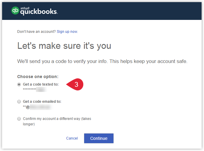 QuickBooks Online security verification screen showing options for multi-factor authentication, such as receiving a code via text or email, before allowing RMS to connect.