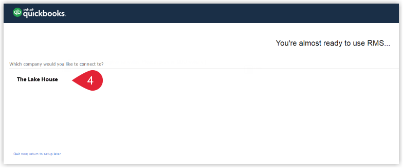 QuickBooks Online authorisation screen listing available QuickBooks companies with one company selected as the entity to be linked to the RMS financial interface.