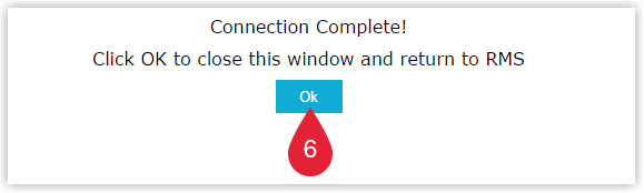 QuickBooks Online confirmation message indicating that the connection to RMS has been successfully authorised, with an OK button clicked to close the dialog.