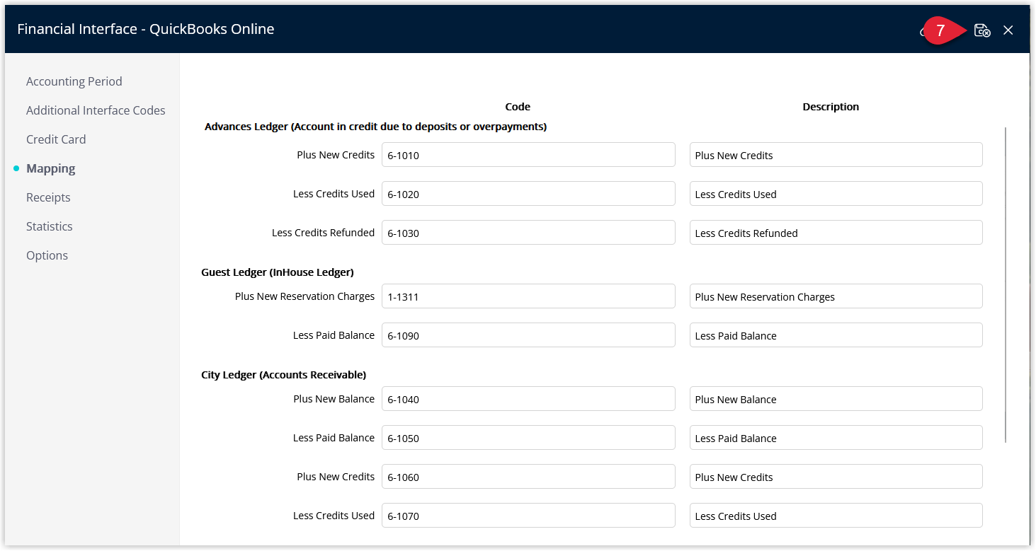 RMS Financial Interface QuickBooks Online settings screen showing the connection status as connected for the selected company, with Save/Exit selected to finalise the setup.