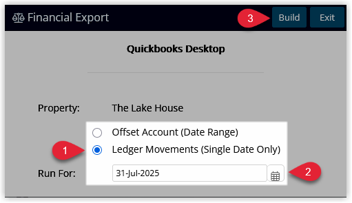 RMS Financial Interface utility window for QuickBooks Desktop with Export Option set to Ledger Movements (Single Date), a single date selected, and the Build button clicked to generate an export file.