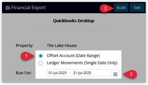 RMS Financial Interface utility for QuickBooks Desktop with Export Option set to Offset Account (Date Range), start and end dates entered, and Build selected to create the financial export file for import into QuickBooks Desktop.