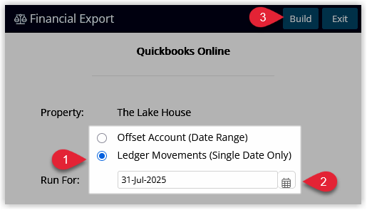 RMS Financial Interface utility screen configured for QuickBooks Online with Export Option set to Ledger Movements (Single Date), a date chosen, and Build clicked to transmit the day’s financial data to QuickBooks Online.