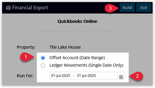 RMS Financial Interface utility for QuickBooks Online with Export Option set to Offset Account (Date Range), a date range entered, and Build selected to send the summarized offset-account financial data for that period to QuickBooks Online.