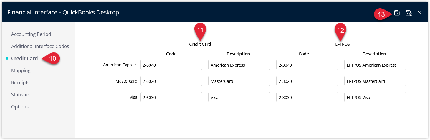 RMS Financial Interface Credit Card tab showing Credit Card Types and EFTPOS Card Types each with assigned GL Account Codes and Descriptions, with the Save button clicked to confirm the payment method mapping.
