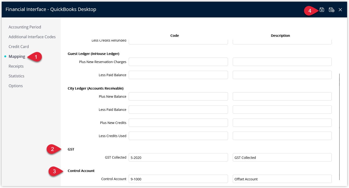 RMS Financial Interface Mapping screen displaying an optional Tax Collected GL Account Code for inclusive tax properties and a Control Account field populated with the Offset GL Account Code used for date-range accrual exports, with Save selected.