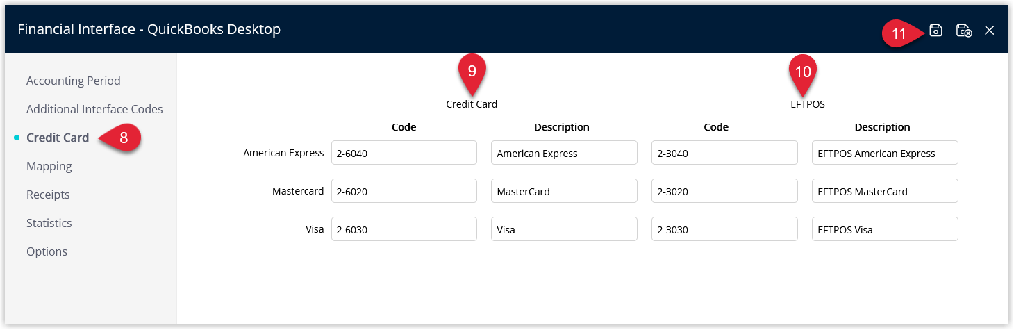 RMS Financial Interface Credit Card tab showing GL Account Codes and Descriptions entered for each Credit Card Type and EFTPOS Card Type, with Save clicked to apply the mapping for QuickBooks.