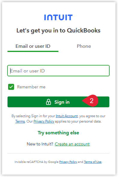 QuickBooks Online sign-in page prompting for Intuit username and password to authorise the RMS integration.