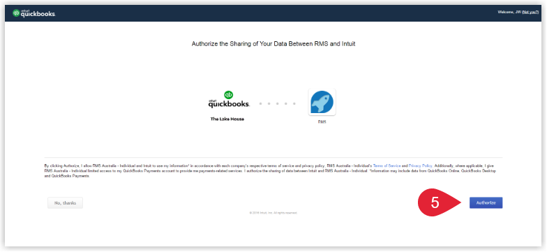 QuickBooks Online permission screen showing the data access RMS is requesting, with an Authorize or Connect button highlighted to confirm the integration.