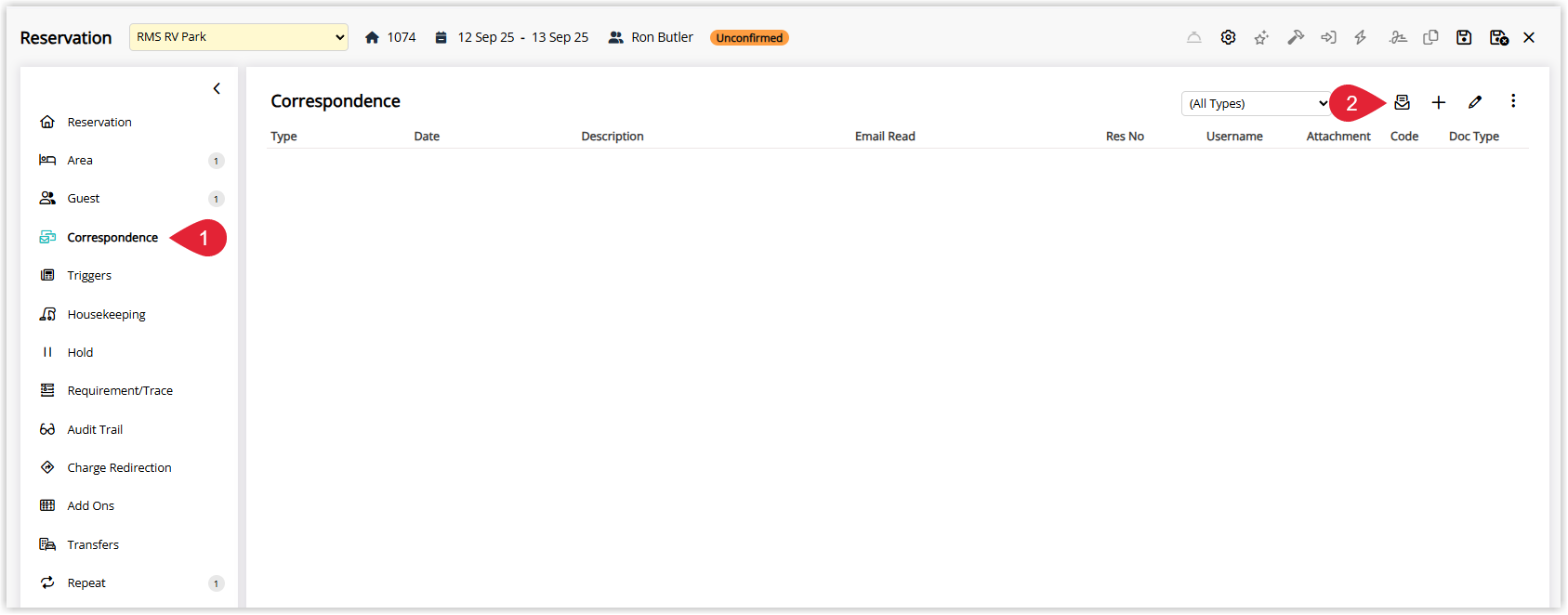 Reservation screen in RMS with the Correspondence menu or tab selected and a Send Out icon/button highlighted to start sending a form letter from the reservation