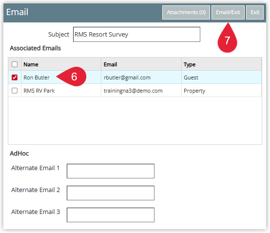 Email form letter screen in RMS displaying the chosen template, recipient selection checkboxes or fields (such as guest email and additional contacts) and an Email/Exit button to send the message and close the window