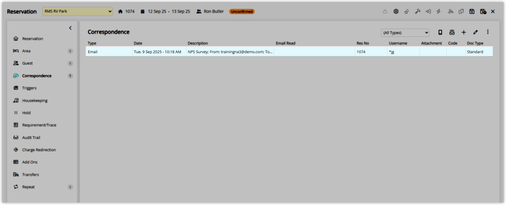 Reservation Correspondence list in RMS showing a row for the sent form letter with columns such as Date, Type, Description and an Email Read column indicating whether the guest has opened the email