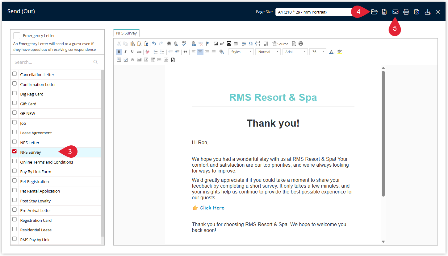 Send Out window in RMS showing a list or dropdown of Form Letters, the selected letter highlighted, an Open icon to preview and an option to choose Email as the delivery method