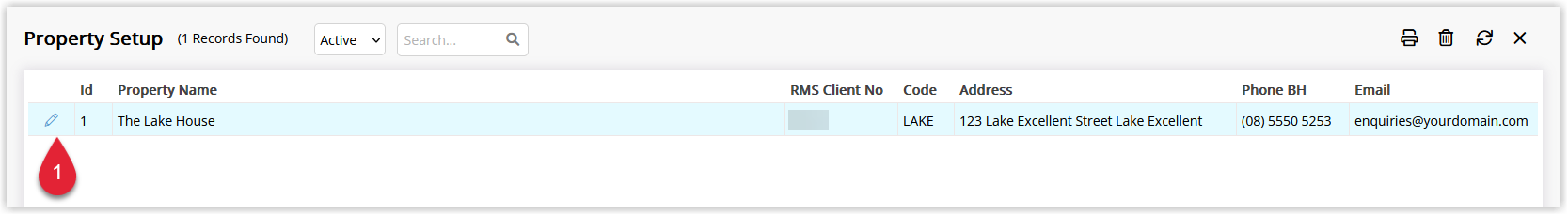 Annotated screenshot of the Property Setup screen in RMS highlighting the Edit icon aligned with a Property